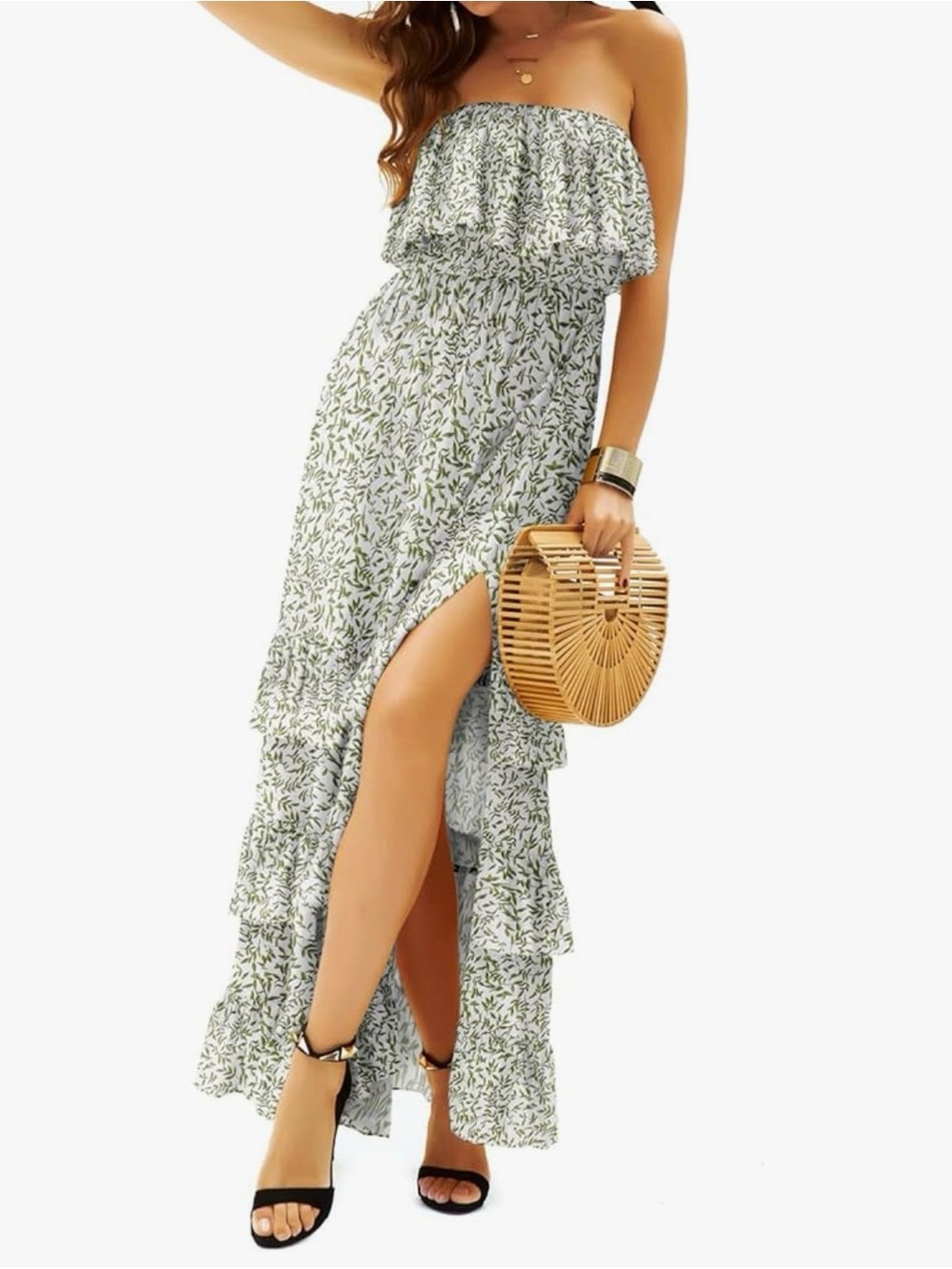 Strapless Ruffle Tiered Maxi Dress in Sage Leaf Print